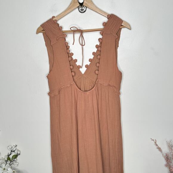 SCARLETT POPPIES Pom Pom Cotton Gauze Maxi Dress Clay Tan Sz M {D16} - Picture 5 of 8